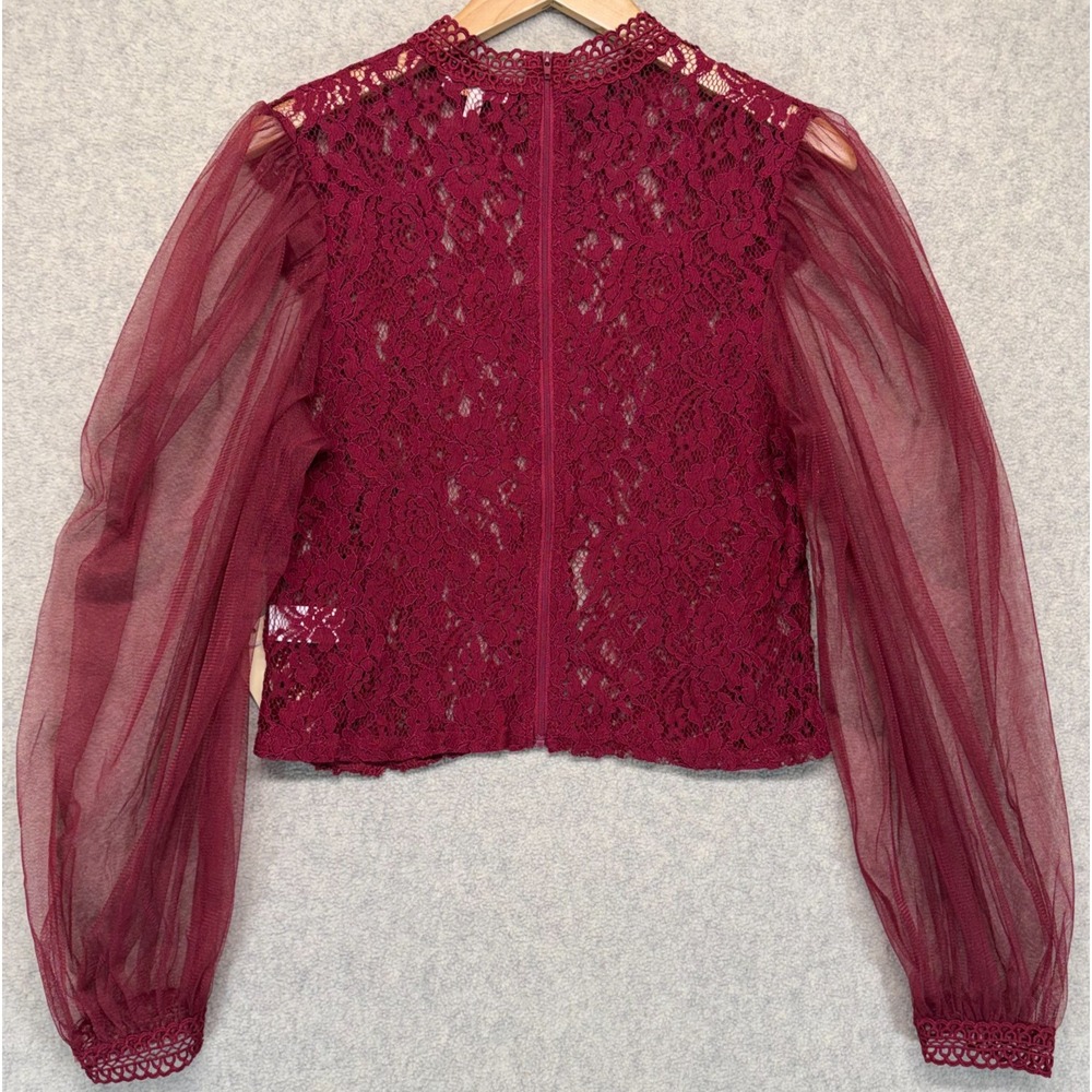 NWT Peach Womens Blouse Crop Top Maroon Sheer Mesh Puff Sleeve Full Zip XL